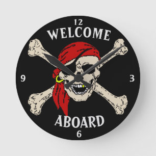 Reloj Redondo Mediano Jolly Roger Pirate Skull Huesos Rojos Banana
