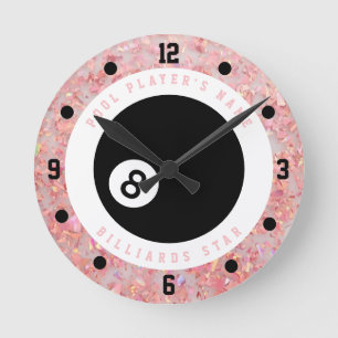 Reloj Redondo Mediano Jugadora de Billar de Purpurina Rosa Personalizada