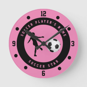 Reloj Redondo Mediano Jugadora de Fútbol Personalizada Rosa y Negra para