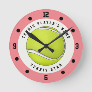 Reloj Redondo Mediano Jugadora de Tenis Nombre Personalizado Pelota Rosa