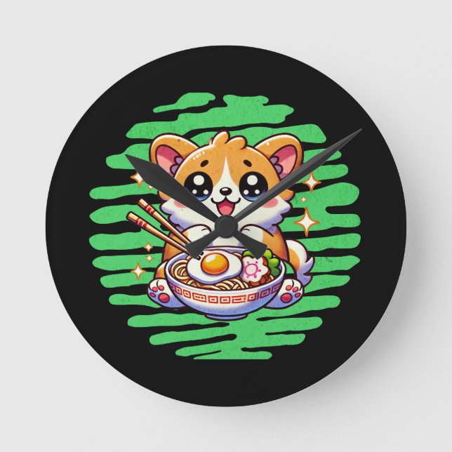 Reloj Redondo Mediano Kawaii Corgi tazón de Ramen (Anverso)
