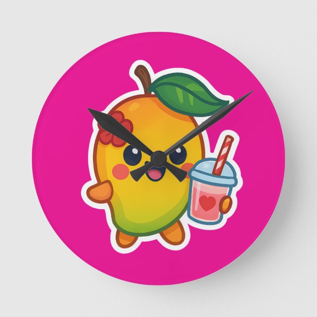Reloj Redondo Mediano Kawaii Mango - Fruta querida con Smoothi del coraz (Anverso)