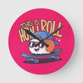 Reloj Redondo Mediano Kawaii Sushi divertido en patineta