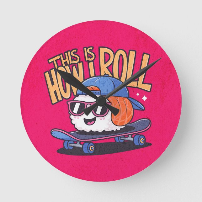 Reloj Redondo Mediano Kawaii Sushi divertido en patineta (Anverso)