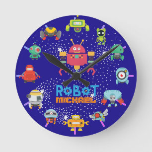 Reloj Redondo Mediano Kids ROBOT Bedroom Decor Pink Blue Named Nuts Bolt