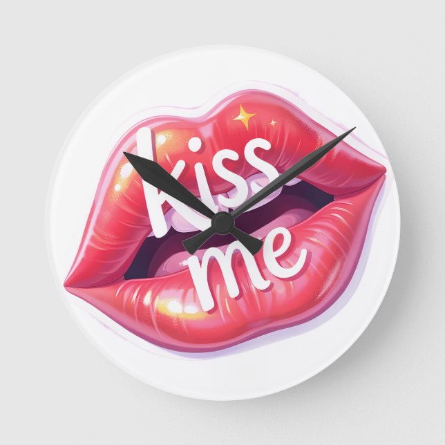 Reloj Redondo Mediano Kiss Me Glossy Red Lips Art Illustration (Anverso)