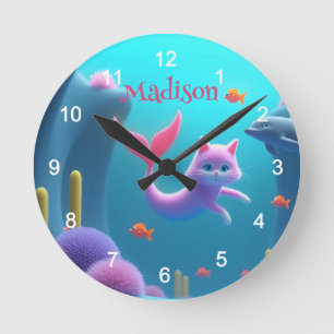 Reloj Redondo Mediano Kitten de sirena rosada