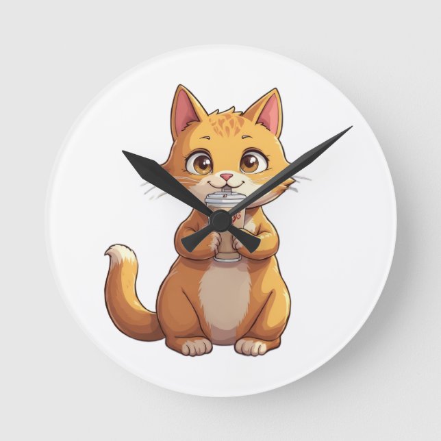 Reloj Redondo Mediano Kitten Sipping Coffee (Anverso)
