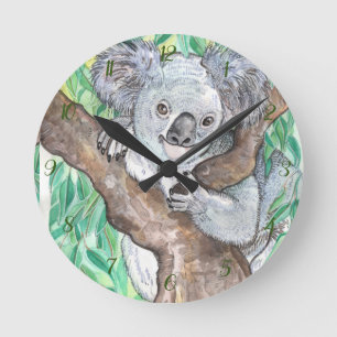 Reloj Redondo Mediano Koala en pintura de árboles de eucalipto