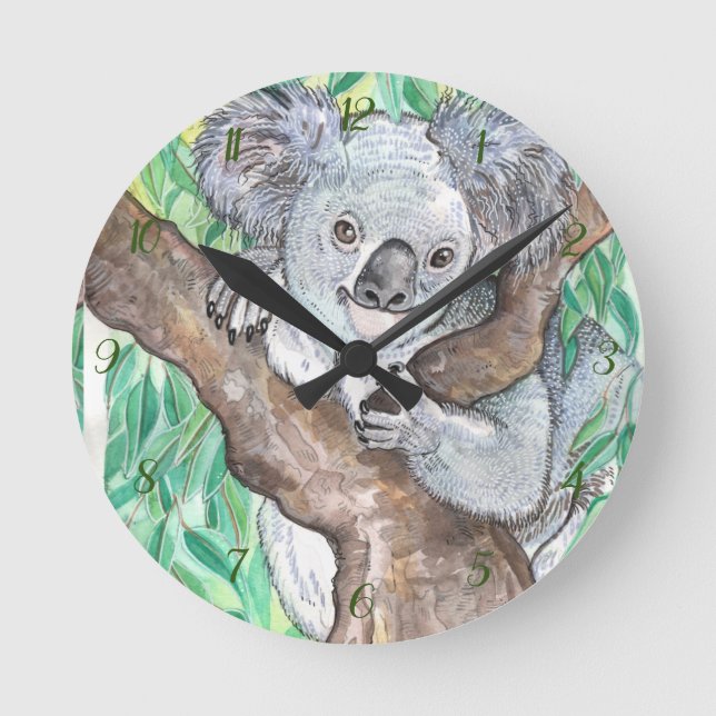 Reloj Redondo Mediano Koala en pintura de árboles de eucalipto (Anverso)