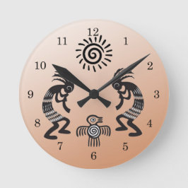 Reloj Redondo Mediano Kokopelli con símbolo nativo de sol y pájaro