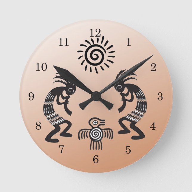 Reloj Redondo Mediano Kokopelli con símbolo nativo de sol y pájaro (Anverso)