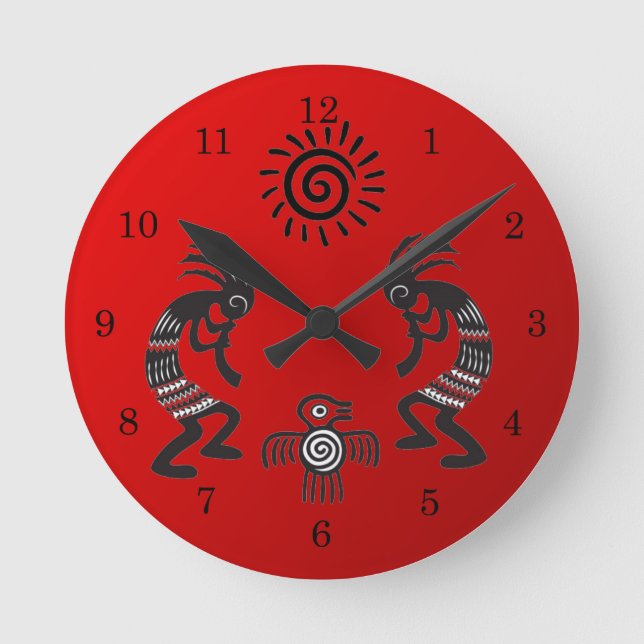 Reloj Redondo Mediano Kokopelli con símbolo nativo de sol y pájaro (Anverso)