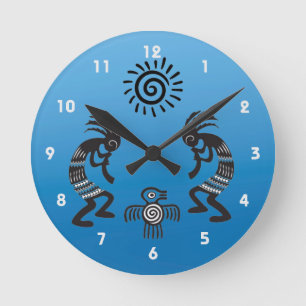 Reloj Redondo Mediano Kokopelli con sol nativo y símbolo de pájaro nativ