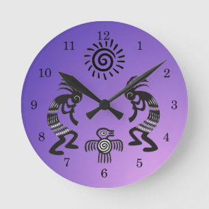 Reloj Redondo Mediano Kokopelli con sol nativo y símbolo de pájaro nativ