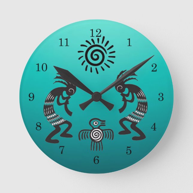 Reloj Redondo Mediano Kokopelli con sol nativo y símbolo de pájaro nativ (Anverso)