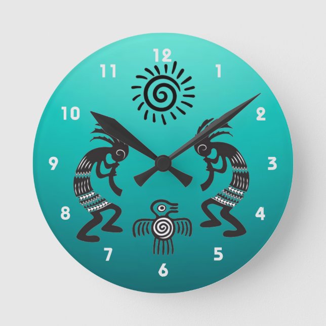 Reloj Redondo Mediano Kokopelli con sol nativo y símbolo de pájaro nativ (Anverso)