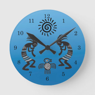 Reloj Redondo Mediano Kokopelli con sol nativo y símbolo de pájaro nativ