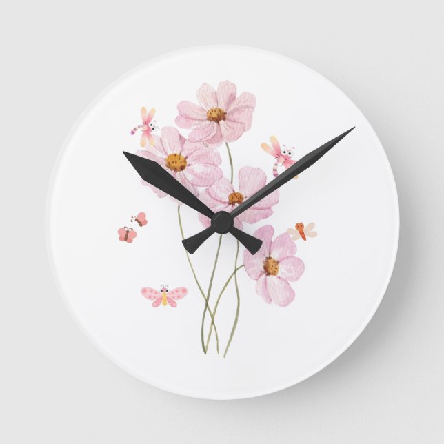 Reloj Redondo Mediano La flor rosa floreciente botánica y mariposa (Anverso)