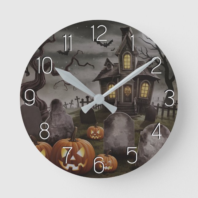 Reloj Redondo Mediano La moderna calabaza Naranja de Halloween está embr (Anverso)