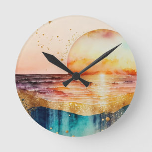 Reloj Redondo Mediano La Serie de Playa de Acuarela Diseño 3