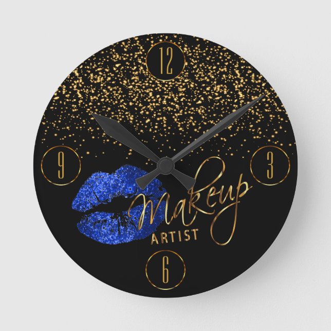 Reloj Redondo Mediano Labios azules de maquillaje y confetti de oro (Anverso)