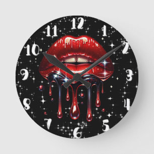 Reloj Redondo Mediano Labios Rojos Goteando Brillo Glam Brillante Cumple
