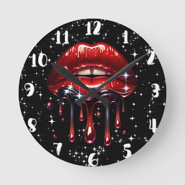 Reloj Redondo Mediano Labios Rojos Goteando Brillo Glamour Destello Cump (Anverso)