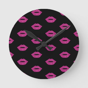 Reloj Redondo Mediano Labios Rosados Brillantes Besos Purpura Glitter El
