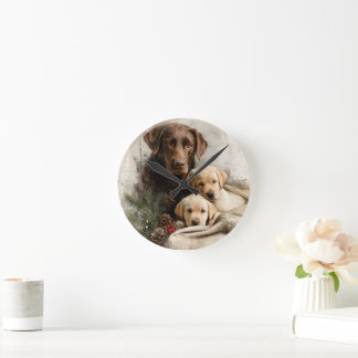 Reloj Redondo Mediano Labrador and Puppies Vintage Christmas