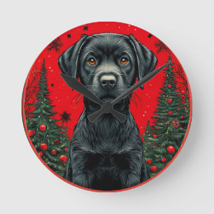 Reloj Redondo Mediano Labrador Retriever Negro de Navidad con Árboles Fe