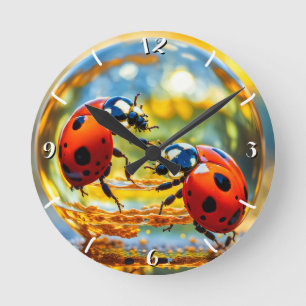 Reloj Redondo Mediano Ladybugs en una gota de agua