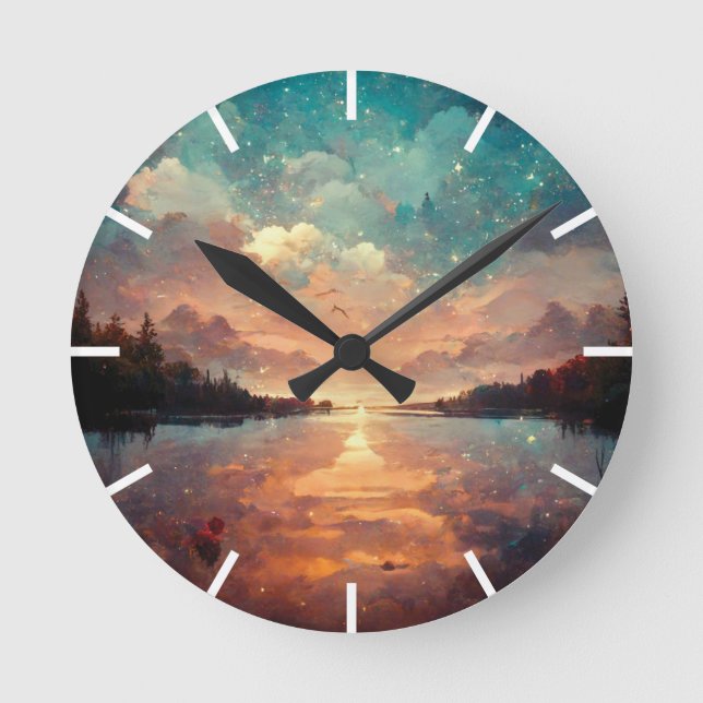 Reloj Redondo Mediano Lago Y Atardecer Soñosos | Pintura paisajística (Anverso)