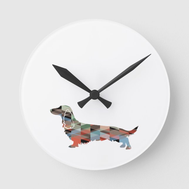 Reloj Redondo Mediano Larga vida haitiana Dachshund Geo Silhouette Plaid (Anverso)