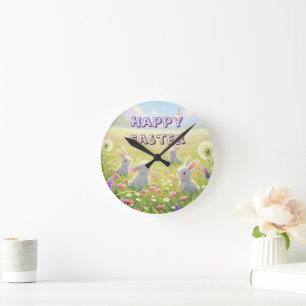 Reloj Redondo Mediano Lavanda Pascua Lindo Conejo Blanco Floral Primaver