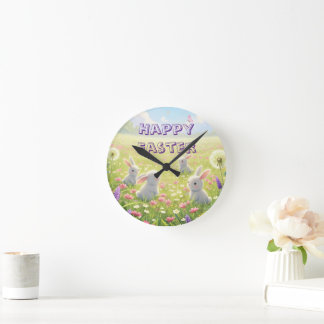 Reloj Redondo Mediano Lavanda Pascua Lindo Conejo Blanco Floral Primaver