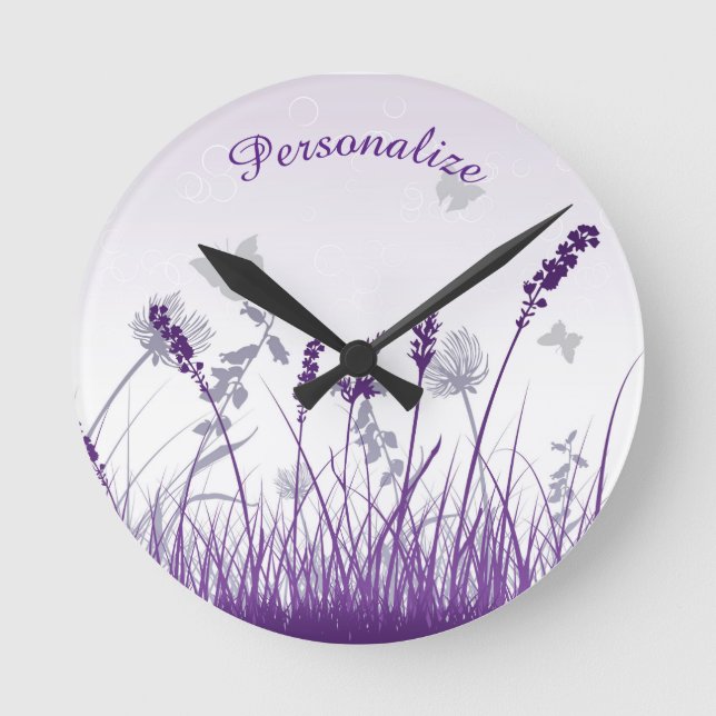 Reloj Redondo Mediano Lavanda y mariposas personalizadas (Anverso)