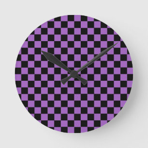Reloj Redondo Mediano Lavanda y patrón negro de verificación