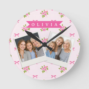 Reloj Redondo Mediano Lazo Floral Personalizado Rosa Coquette Femenino N