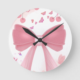Reloj Redondo Mediano Lazo Rosa Coquette y Cerezas Estética en Colage –