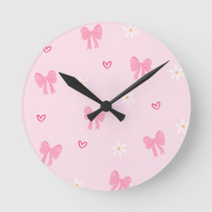 Reloj Redondo Mediano Lazo rosa y patrón floral sin fisuras: lindo y fem