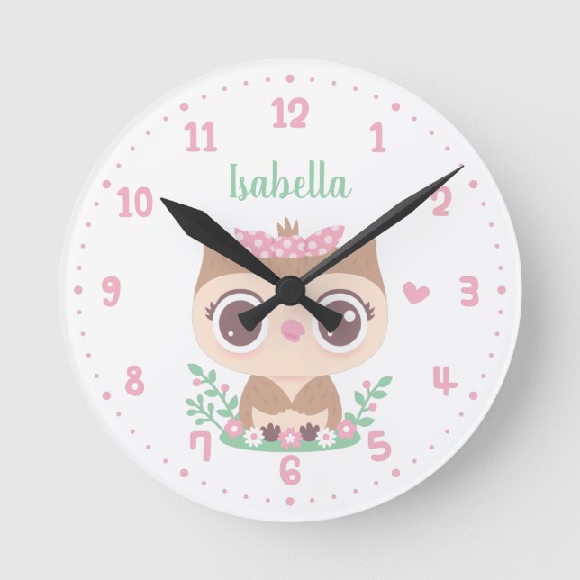 Reloj Redondo Mediano Lechuza con arco rosado, habitación de Chicas pers (Anverso)