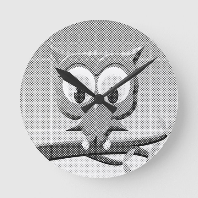 Reloj Redondo Mediano Lechuza De Boletín En Blanco Y Negro (Anverso)