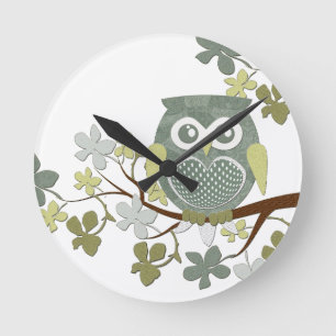 Reloj Redondo Mediano Lechuza polka en el árbol