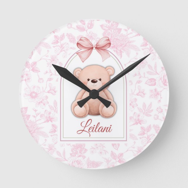 Reloj Redondo Mediano Leilani | Diseño de guardería de osito rosado pers (Anverso)