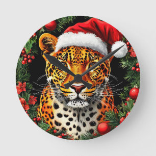 Reloj Redondo Mediano Leopardo Festivo con Gorro de Santa
