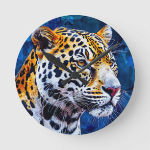 Reloj Redondo Mediano Leopardo sobre fondo azul