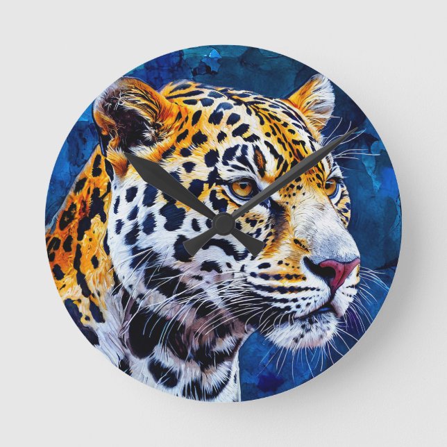 Reloj Redondo Mediano Leopardo sobre fondo azul (Anverso)