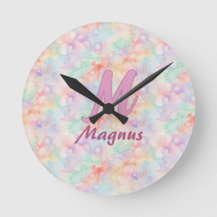 Reloj Redondo Mediano letra c monograma nombre pastel acuarela rosa azul