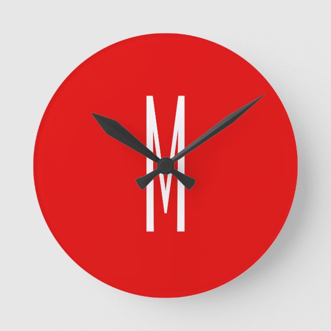Reloj Redondo Mediano Letra inicial monograma estilo moderno rojo blanco (Anverso)